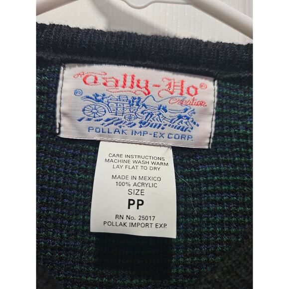 Vintage Tally-Ho Green Blue Plaid Cardigan Sweater Acrylic Size PP S 0-2 - Picture 3 of 15